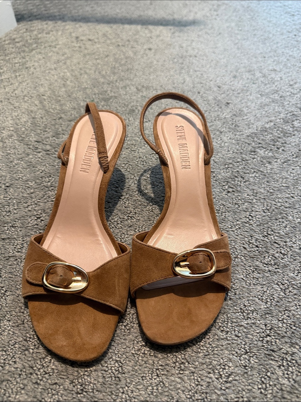 Steve Madden Tan Suede Slingback Heels with Gold Buckle